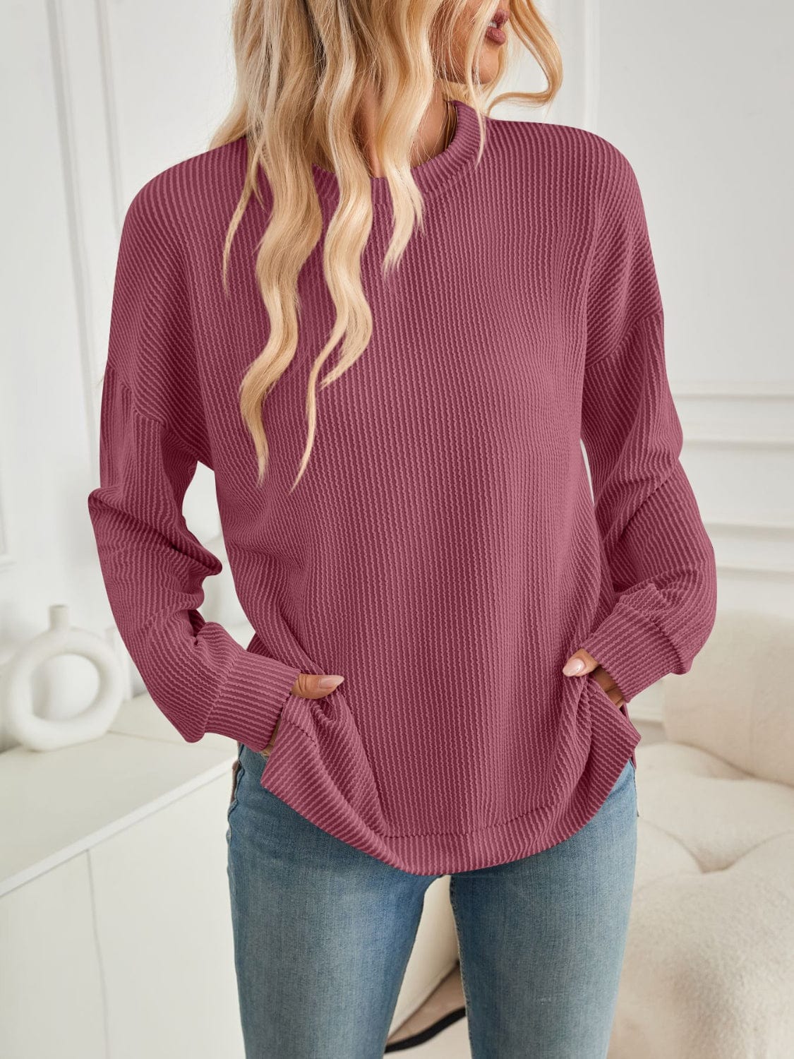 Lovelet Slit Round Neck Long Sleeve Sweatshirt