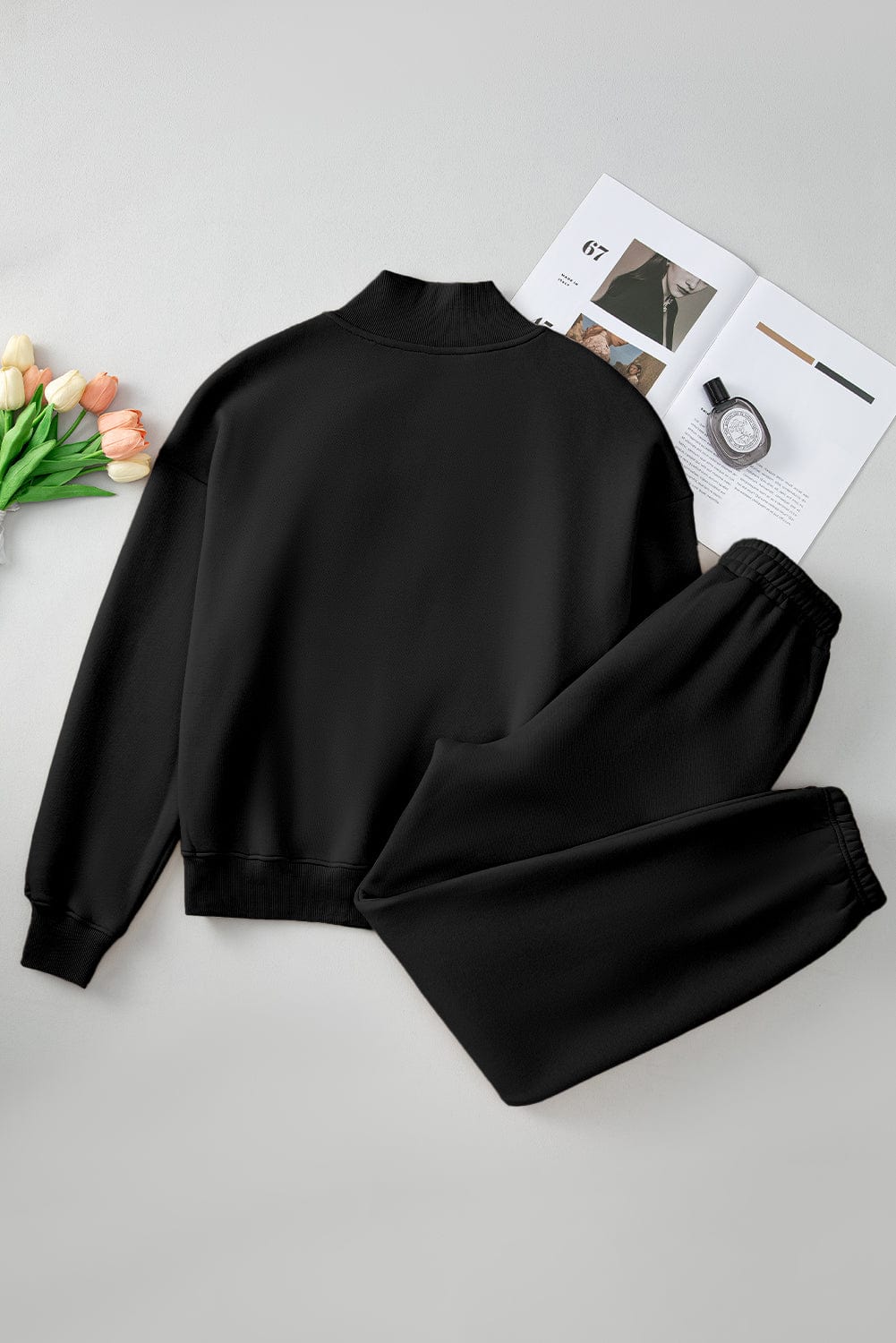 Black Quarter Zip Long Sleeve Top and Pants Set