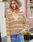 Striped Dropped Shoulder Notched Neck Knit Top