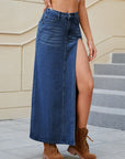 Slit Buttoned Denim Skirt with Pockets