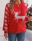 Reindeer Plaid Round Neck Long Sleeve Sweater