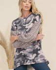 Celeste Full Size Camo Print High-Low T-Shirt with Stripe Sleeves