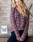 Dark Gray Heimish Full Size Plaid V-Neck Long Sleeve Top