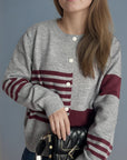 Striped Color Block Round Neck Cardigan