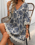 Lace Detail Printed V-Neck Mini Dress