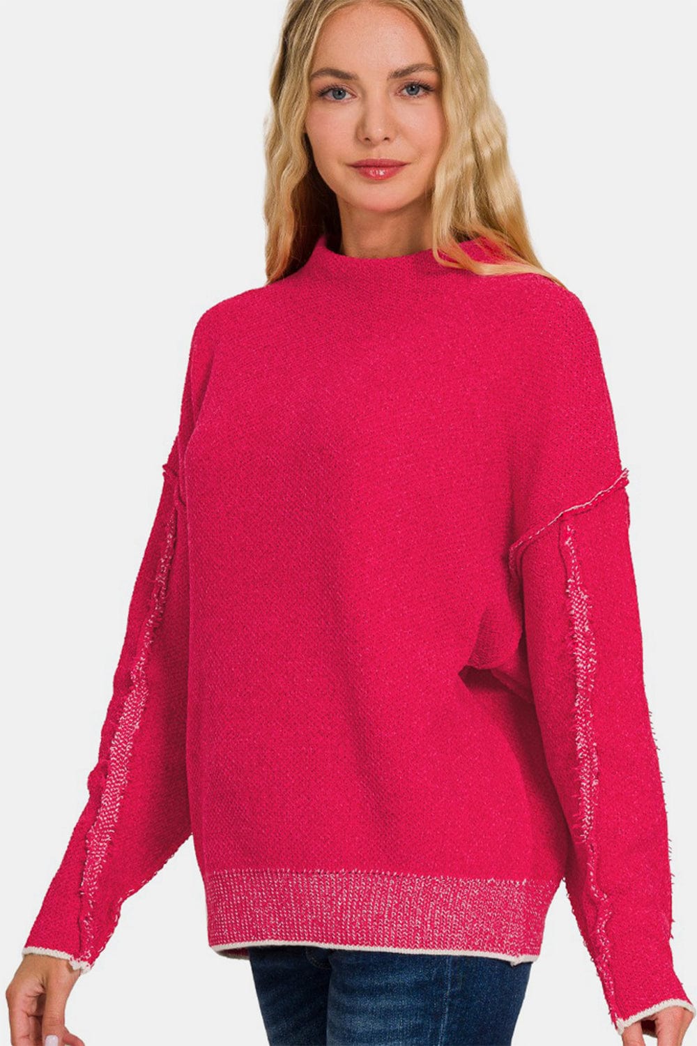 Maroon Zenana Exposed Seam Mock Neck Long Sleeve Sweater