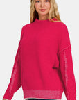 Maroon Zenana Exposed Seam Mock Neck Long Sleeve Sweater