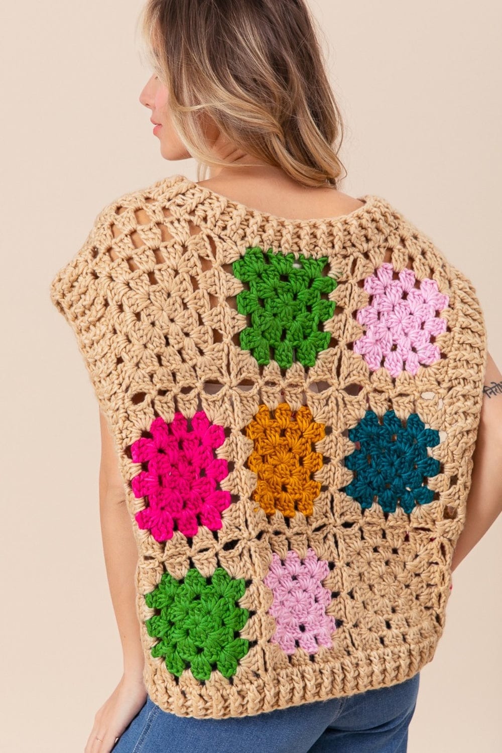 Wheat BiBi Granny Square Openwork Sweater Vest