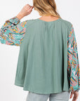 Gray SAGE + FIG Ruched Round Neck Printed Bubble Sleeve Top Sentient Beauty Fashions Apparel & Accessories