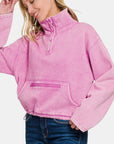 Zenana Acid Wash Fleece Half Snap Sweatshirt with Pocket