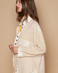 Tan POL Long Sleeve Embroidered Print Patch Pocket Shirt Sentient Beauty Fashions Apparel & Accessories