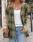 Perfee Drawstring Plaid Long Sleeve Hooded Shirt