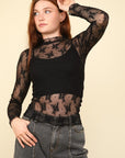 VERY J Mock Neck Fitted Sheer Mesh Lace Blouse