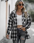 Double Take Drawstring Plaid Long Sleeve Hooded Shacket