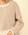 VERY J Exposed Seam Cropped Striped Slit Sweater