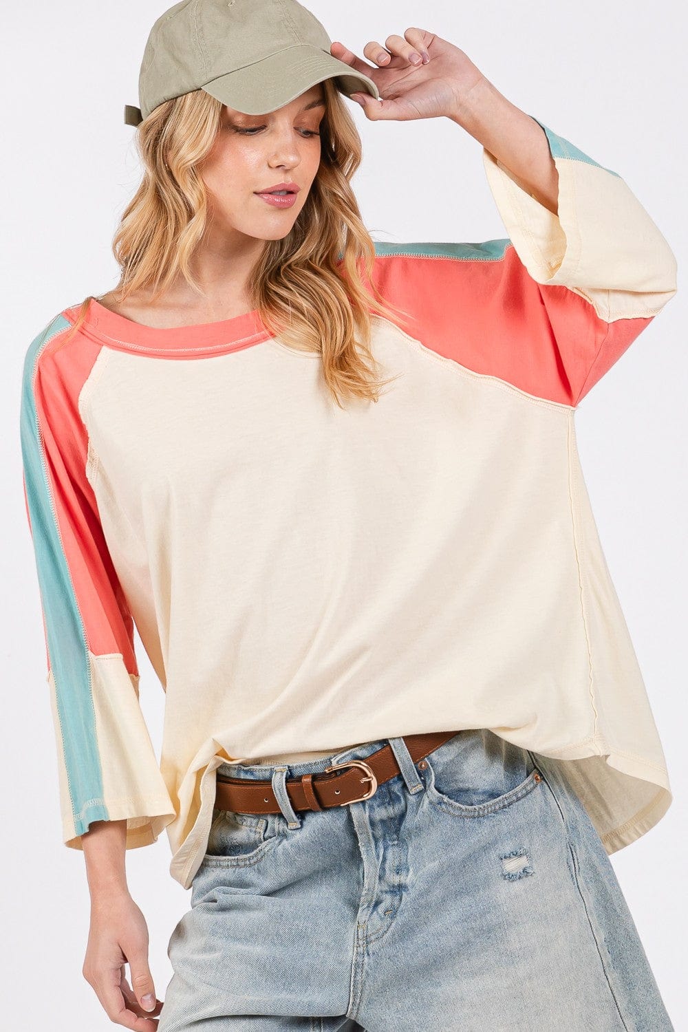 Light Gray SAGE + FIG Color Block Curved Hem T-Shirt