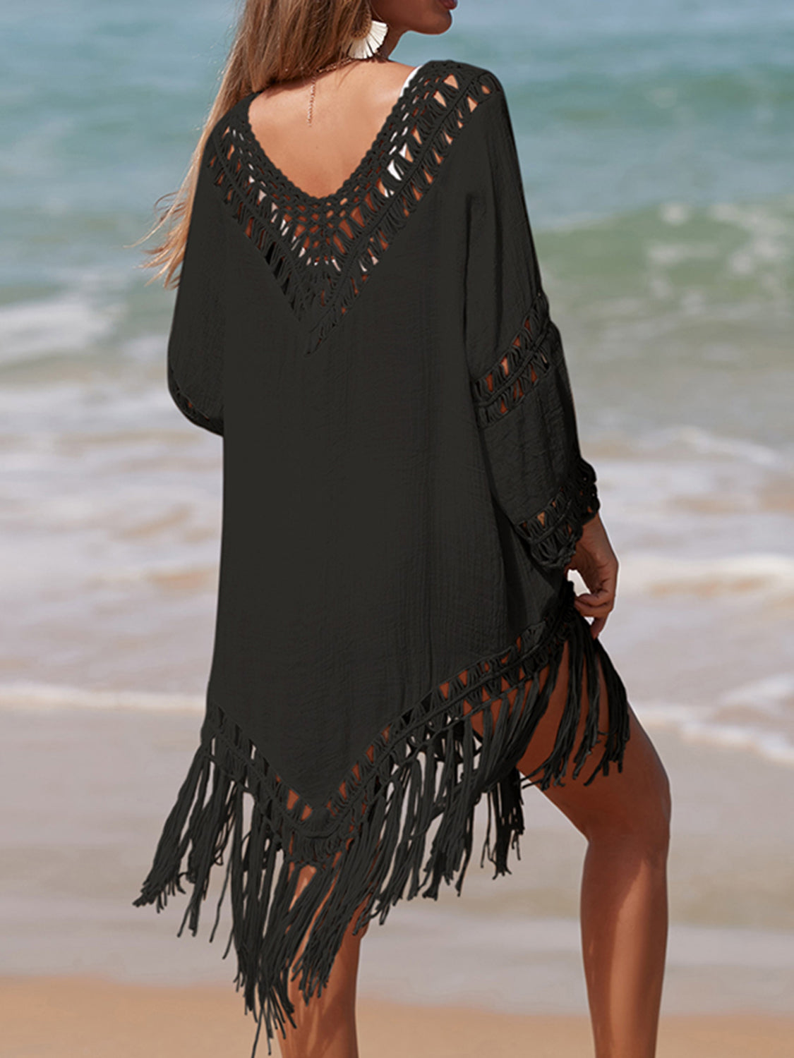 Dark Gray Cutout Fringe Scoop Neck Cover-Up Sentient Beauty Fashions Apparel &amp; Accessories