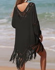 Dark Gray Cutout Fringe Scoop Neck Cover-Up Sentient Beauty Fashions Apparel & Accessories