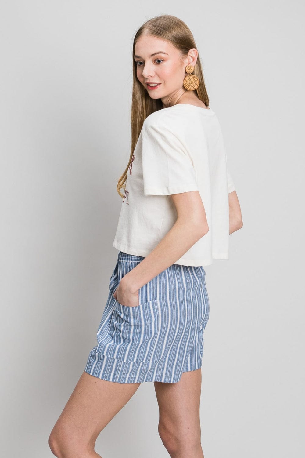 Light Gray Cotton Bleu by Nu Label Yarn Dye Striped Shorts