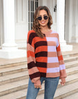 Angel Wings Round Neck Long Sleeve Color Block Dropped Shoulder Pullover Sweater