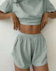 Dark Gray Striped Round Neck Top and Shorts Set Sentient Beauty Fashions Apparel & Accessories