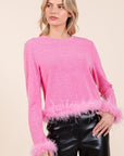 Mittoshop Feather Trim Long Sleeve Crop Hacci Knit Top