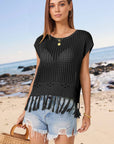 Light Gray Openwork Cap Sleeve Knit Cover Up with Tassel