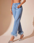 Plush Hem High Rise Straight Jeans