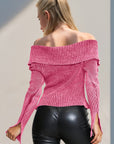 Double Take Ribbed Off-Shoulder Zip Up Long Sleeve Cardigan