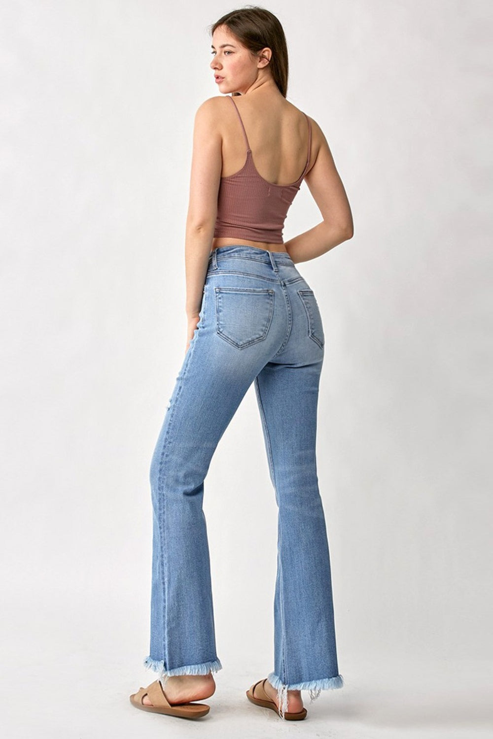Light Gray RISEN High Rise Frayed Hem Bootcut Jeans Sentient Beauty Fashions Apparel & Accessories