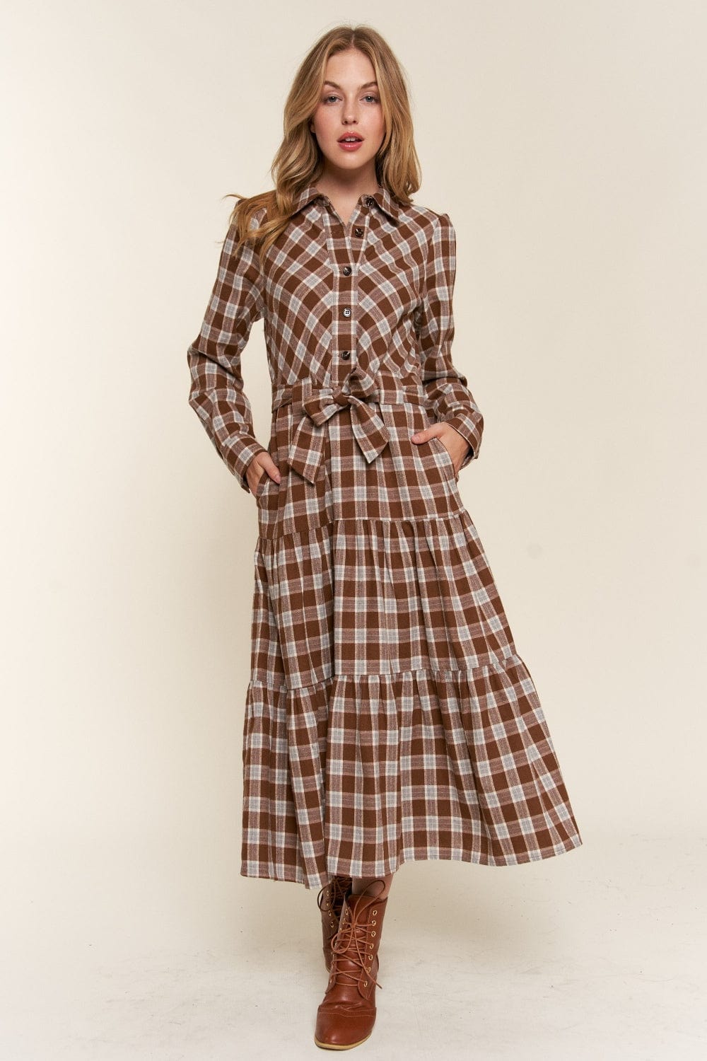 Light Gray And the Why Plaid Tiered Midi Shirt Dress