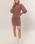 HYFVE Glitter Mock Neck Long Sleeve Mini Dress