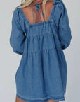 Tied Square Neck Long Sleeve Denim Dress with Pockets