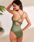 Light Gray Crisscross Cutout V-Neck One-Piece Swimwear Sentient Beauty Fashions Swimwear