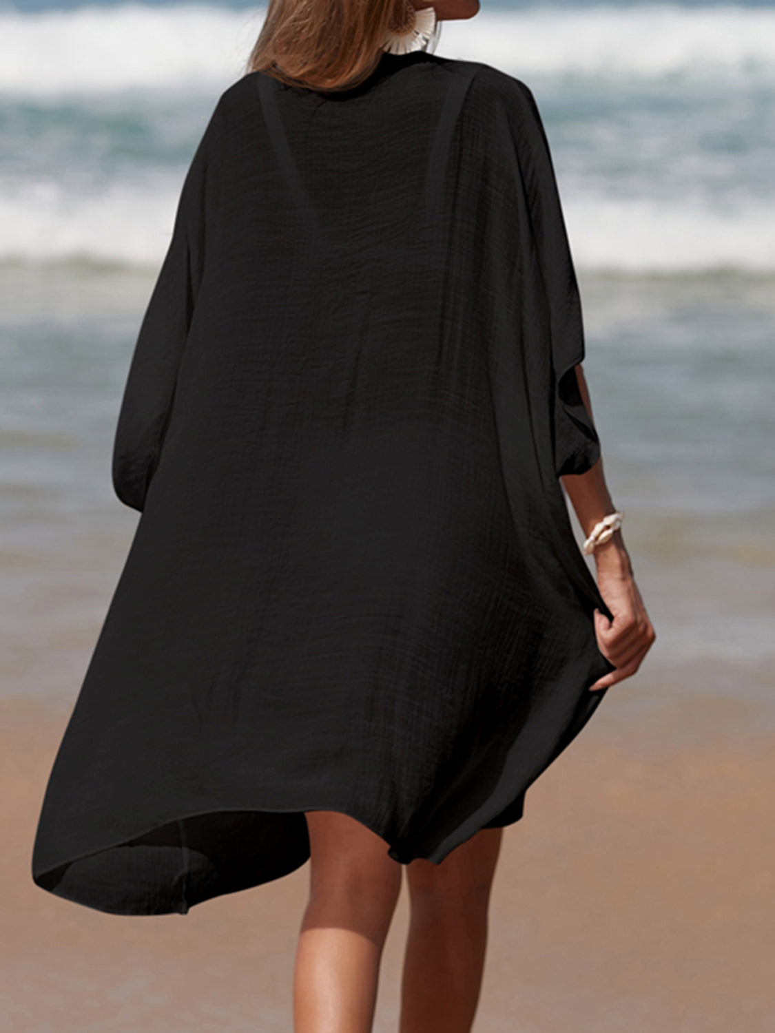 Black Cutout V-Neck Three-Quarter Sleeve Cover Up Sentient Beauty Fashions Apparel &amp; Accessories
