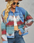 Geometric Button Up Dropped Shoulder Denim Jacket