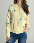 Heart Round Neck Zip Up Cardigan