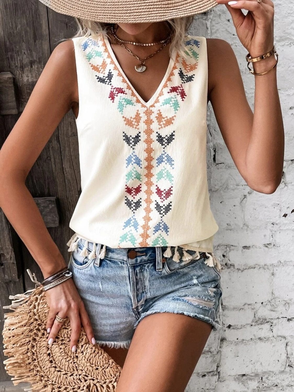 Gray Tassel Printed V-Neck Tank