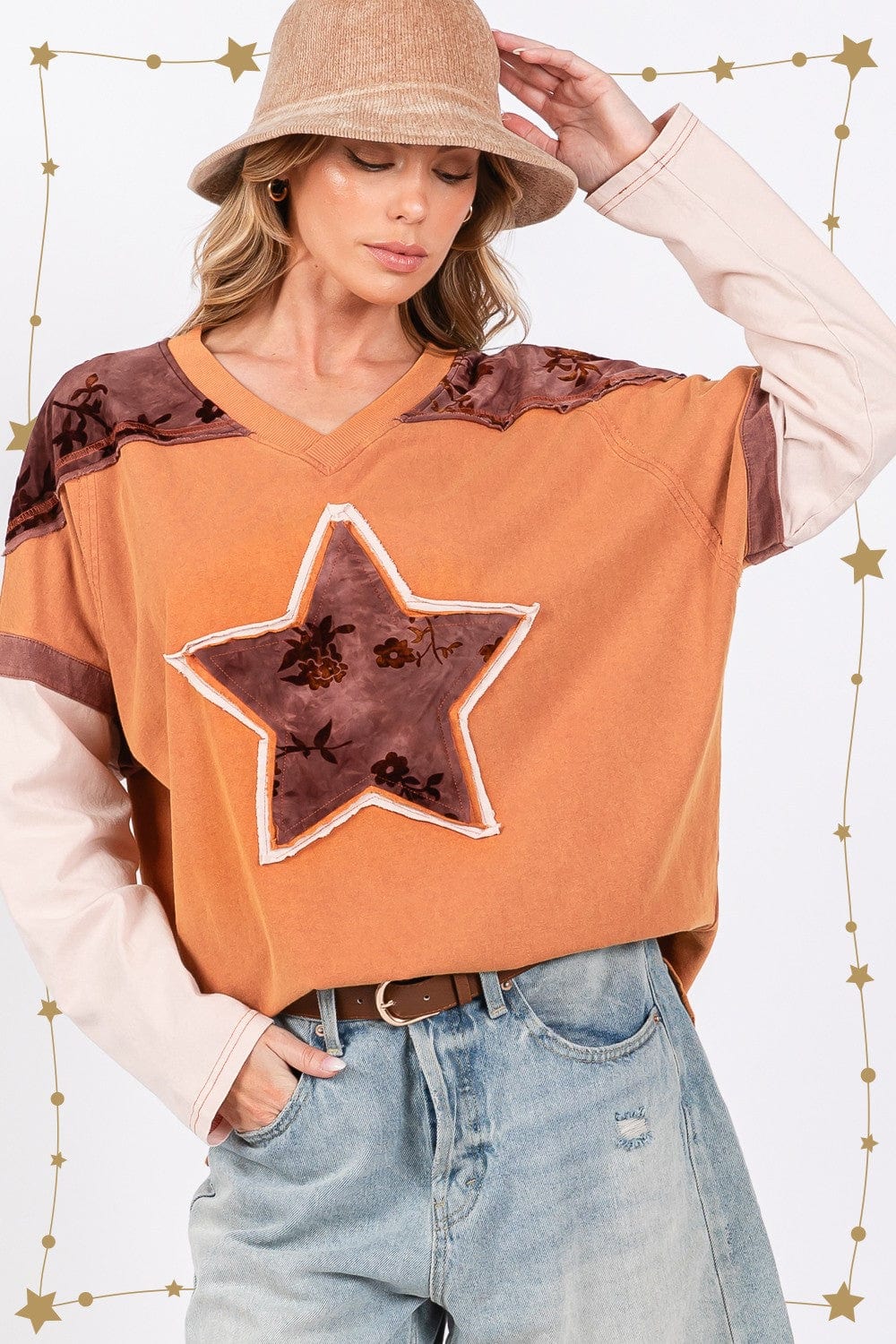 Light Gray SAGE + FIG Star Patch Long Sleeve Color Block T-Shirt