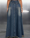 Raw Hem High Waist Denim Skirt with Pockets