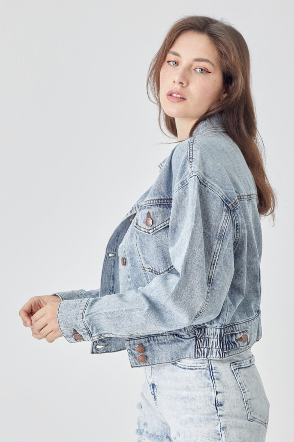 Light Gray RISEN Full Size Button Down Cropped Denim Jacket