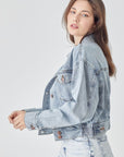 Light Gray RISEN Full Size Button Down Cropped Denim Jacket