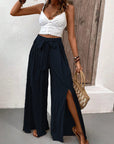 Gray Tied Slit Wide Leg Pants