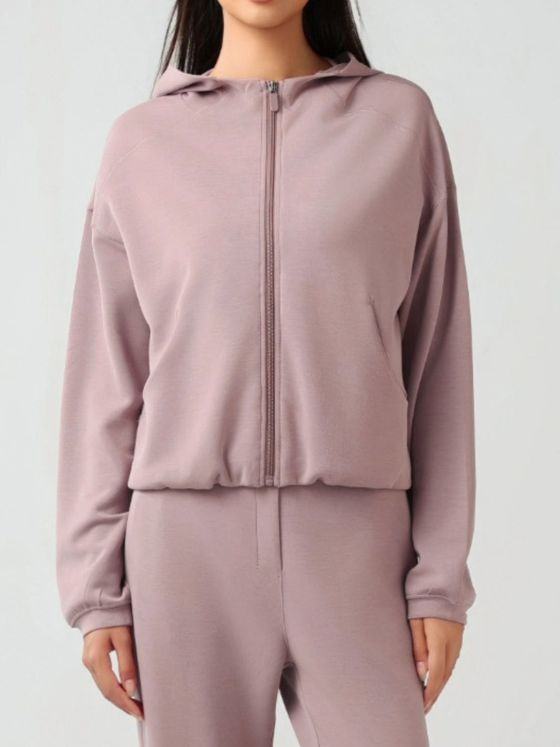 Gray Zip Up Dropped Shouder Active Hooded