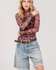Light Gray SAGE + FIG Floral Mesh Long Sleeve Top Sentient Beauty Fashions Apparel & Accessories