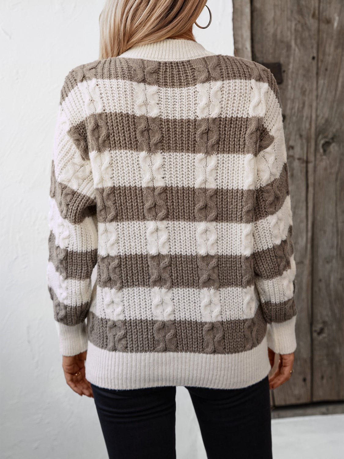 Gray Striped Round Neck Long Sleeve Sweater