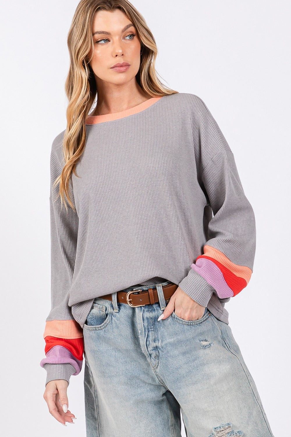 Light Gray SAGE + FIG Color Block Waffle Knit T-Shirt