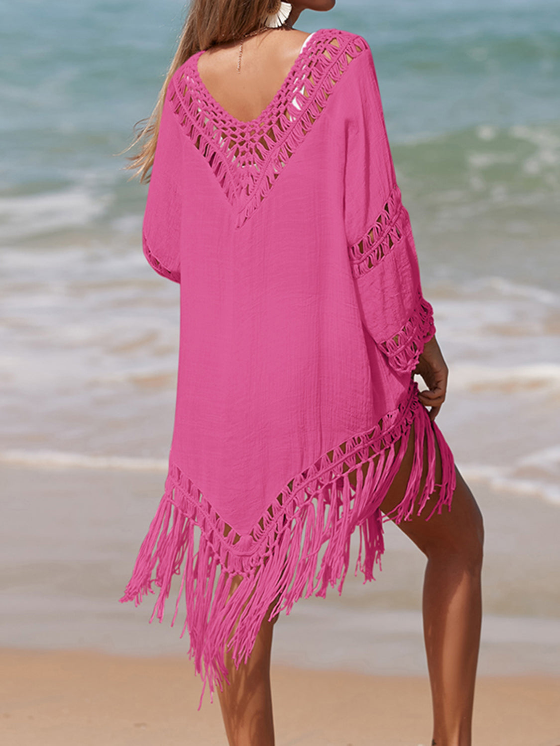 Rosy Brown Cutout Fringe Scoop Neck Cover-Up Sentient Beauty Fashions Apparel &amp; Accessories