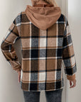 Perfee Drawstring Slit Plaid Long Sleeve Hoodie