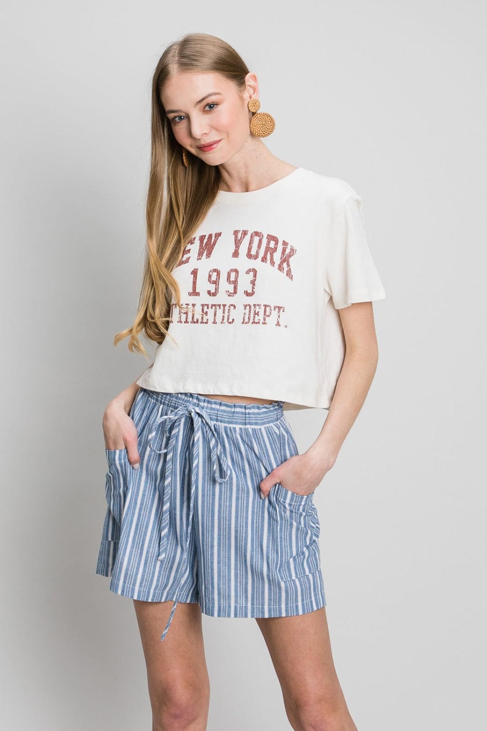 Light Gray Cotton Bleu by Nu Label Yarn Dye Striped Shorts